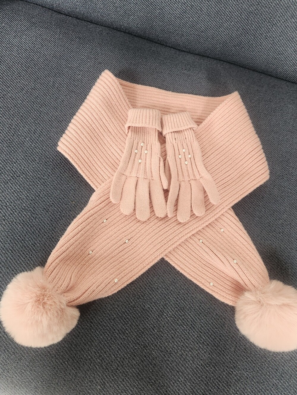 Zara Girl's Blush Pink Ribbed Scarf and Glove Set with Faux Fur Poms